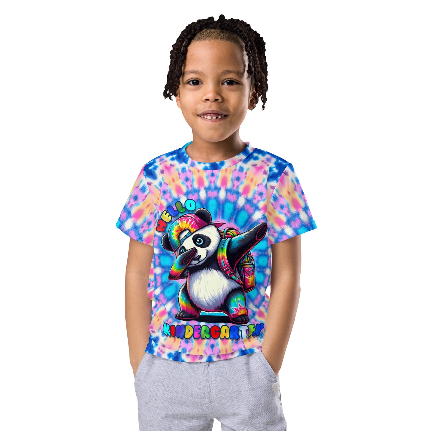 Hello Kindergarten Tie-Dye Panda Dabbing Kids T-Shirt