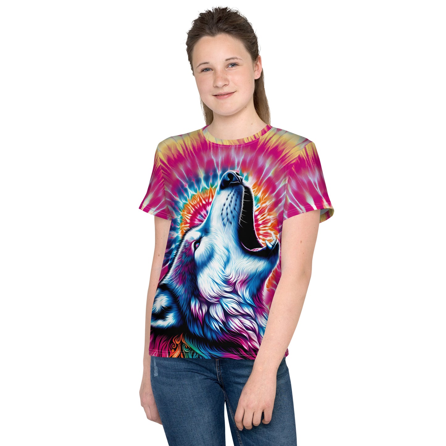 Colorful Howling Wolf Tie-Dye Youth T-Shirt