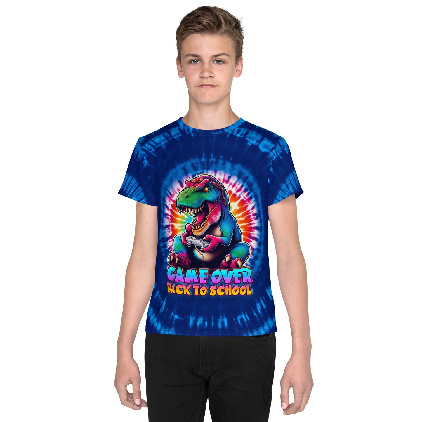 Game Over Back To School Tie-Dye T-Rex Youth T-Shirt