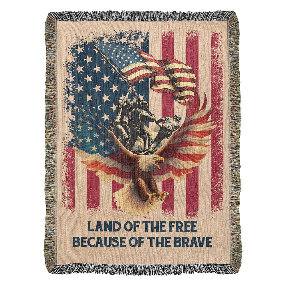 Military Memorial Woven Blanket – American Flag, Bald Eagle & Soldiers – Patriotic 4th of July Gift USA