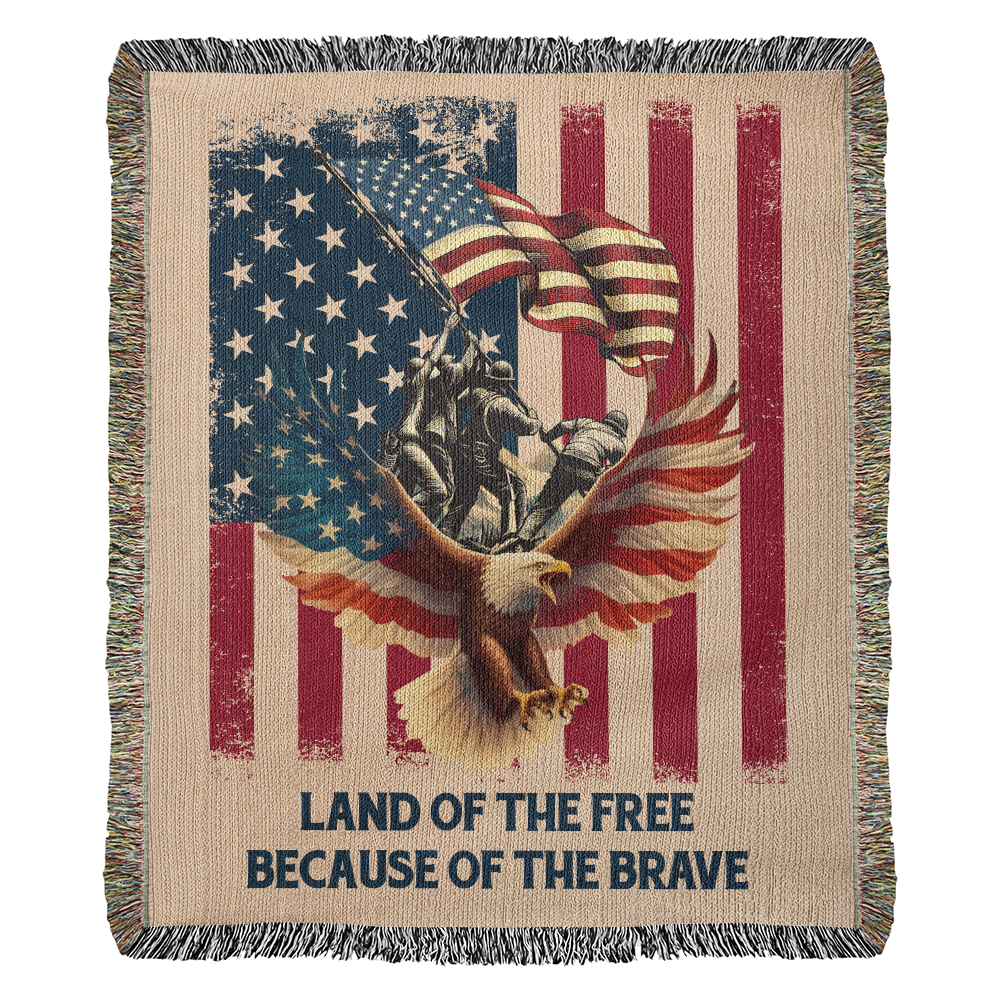 Military Memorial Woven Blanket – American Flag, Bald Eagle & Soldiers – Patriotic 4th of July Gift USA