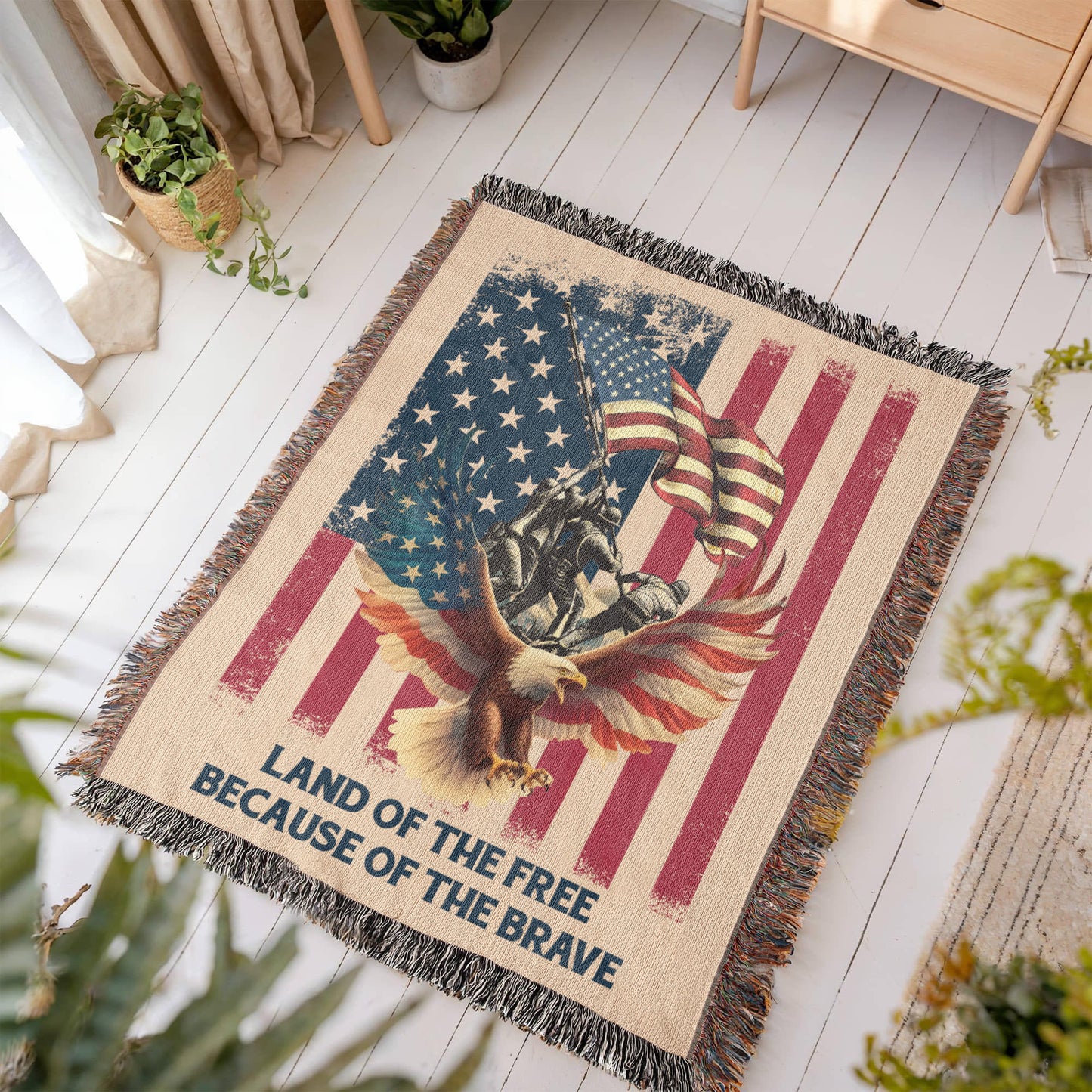 Military Memorial Woven Blanket – American Flag, Bald Eagle & Soldiers – Patriotic 4th of July Gift USA