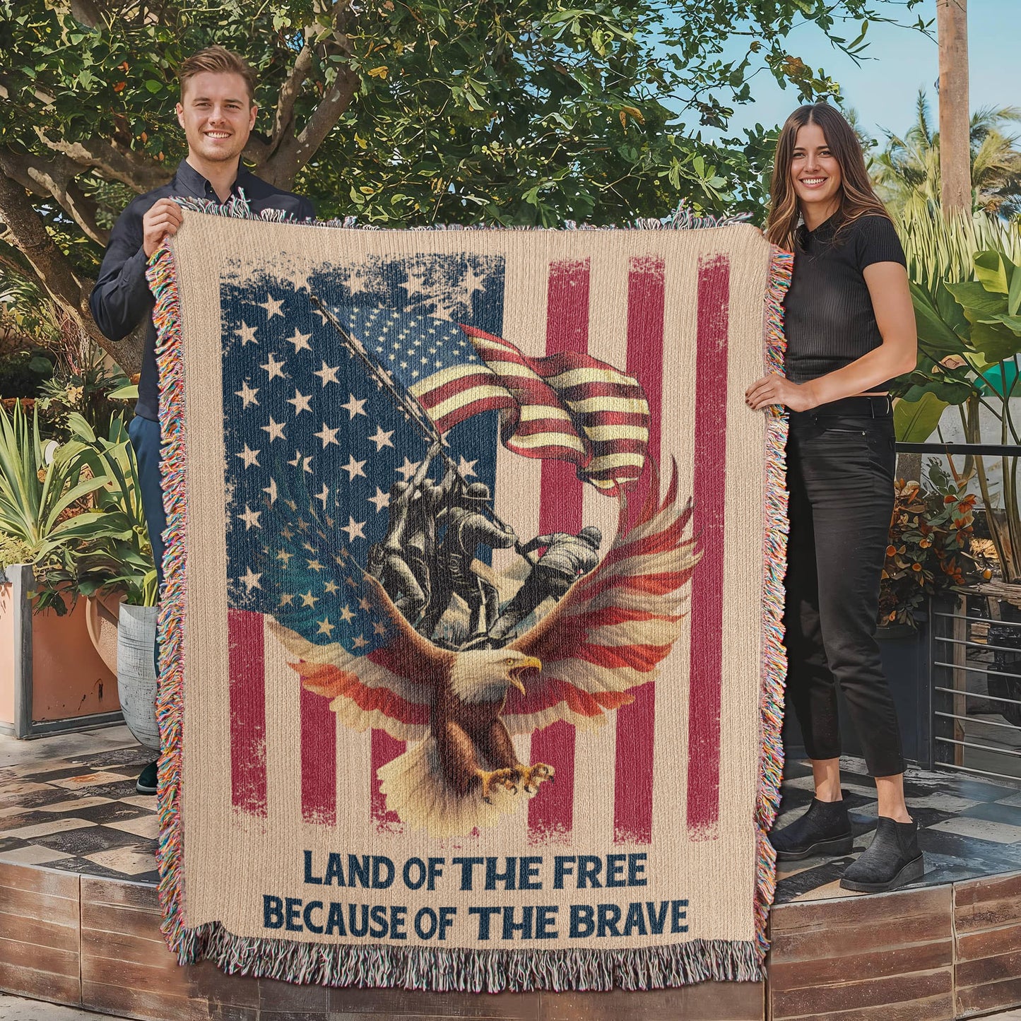 Military Memorial Woven Blanket – American Flag, Bald Eagle & Soldiers – Patriotic 4th of July Gift USA