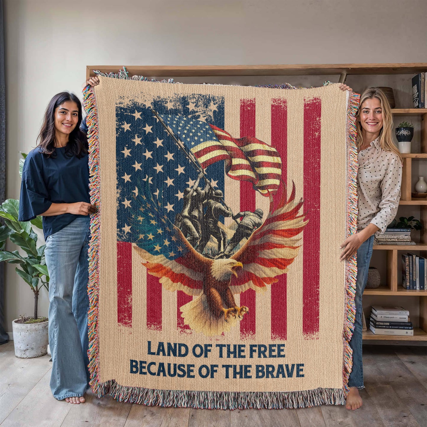 Military Memorial Woven Blanket – American Flag, Bald Eagle & Soldiers – Patriotic 4th of July Gift USA