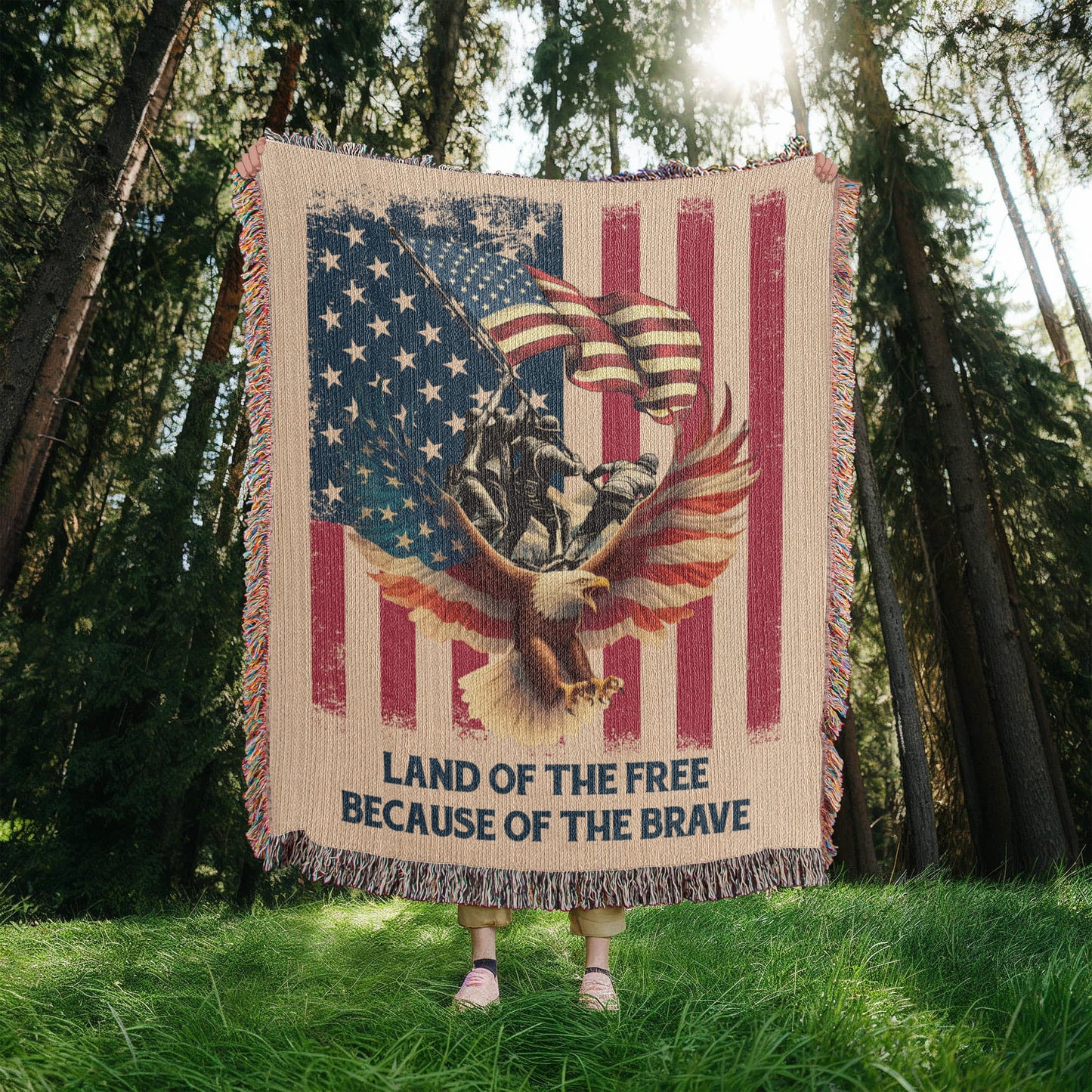 Military Memorial Woven Blanket – American Flag, Bald Eagle & Soldiers – Patriotic 4th of July Gift USA