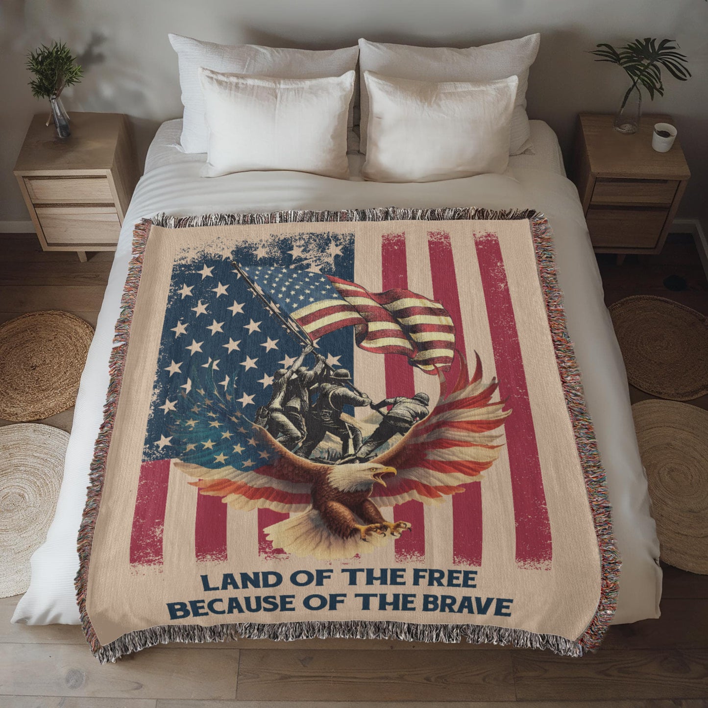 Military Memorial Woven Blanket – American Flag, Bald Eagle & Soldiers – Patriotic 4th of July Gift USA