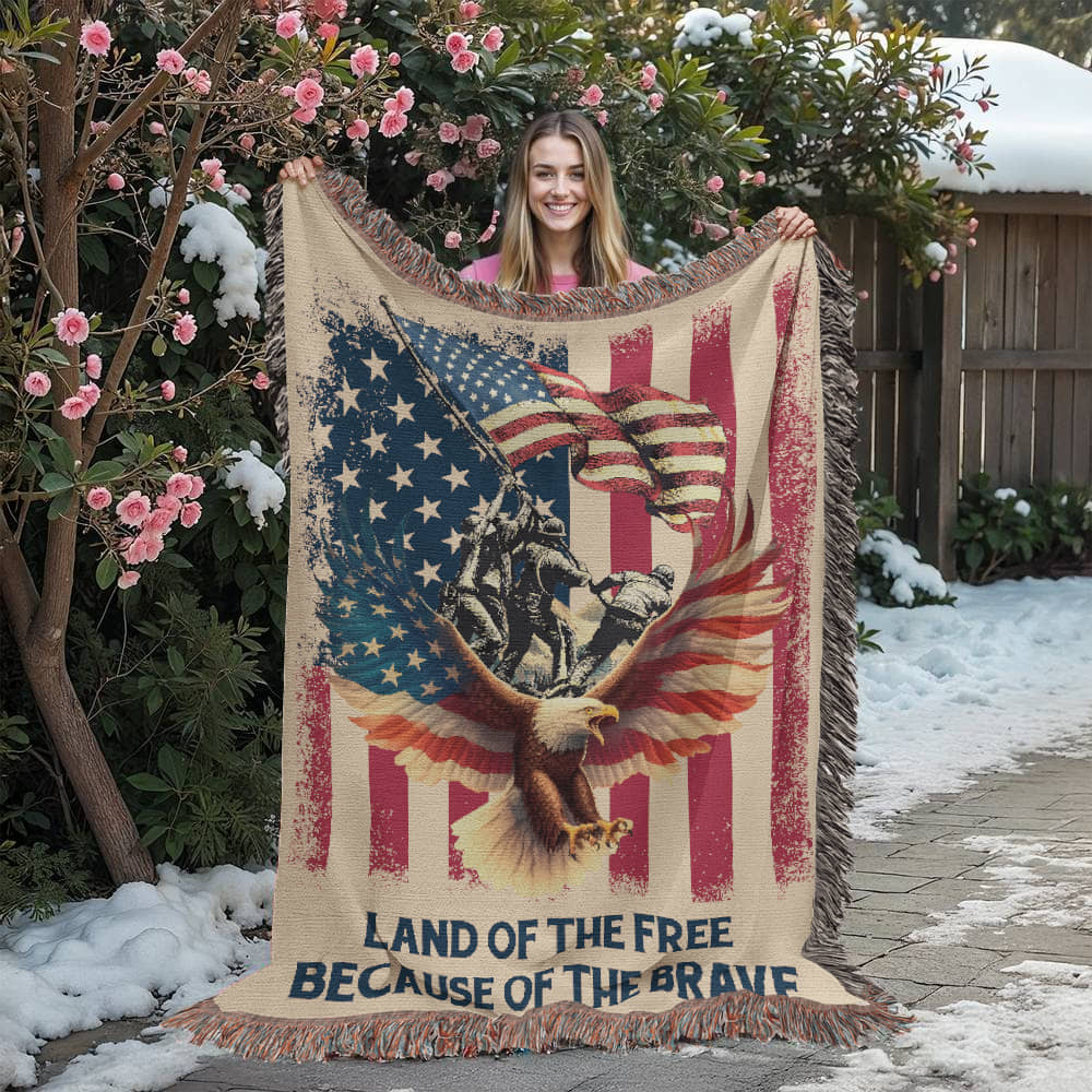 Military Memorial Woven Blanket – American Flag, Bald Eagle & Soldiers – Patriotic 4th of July Gift USA