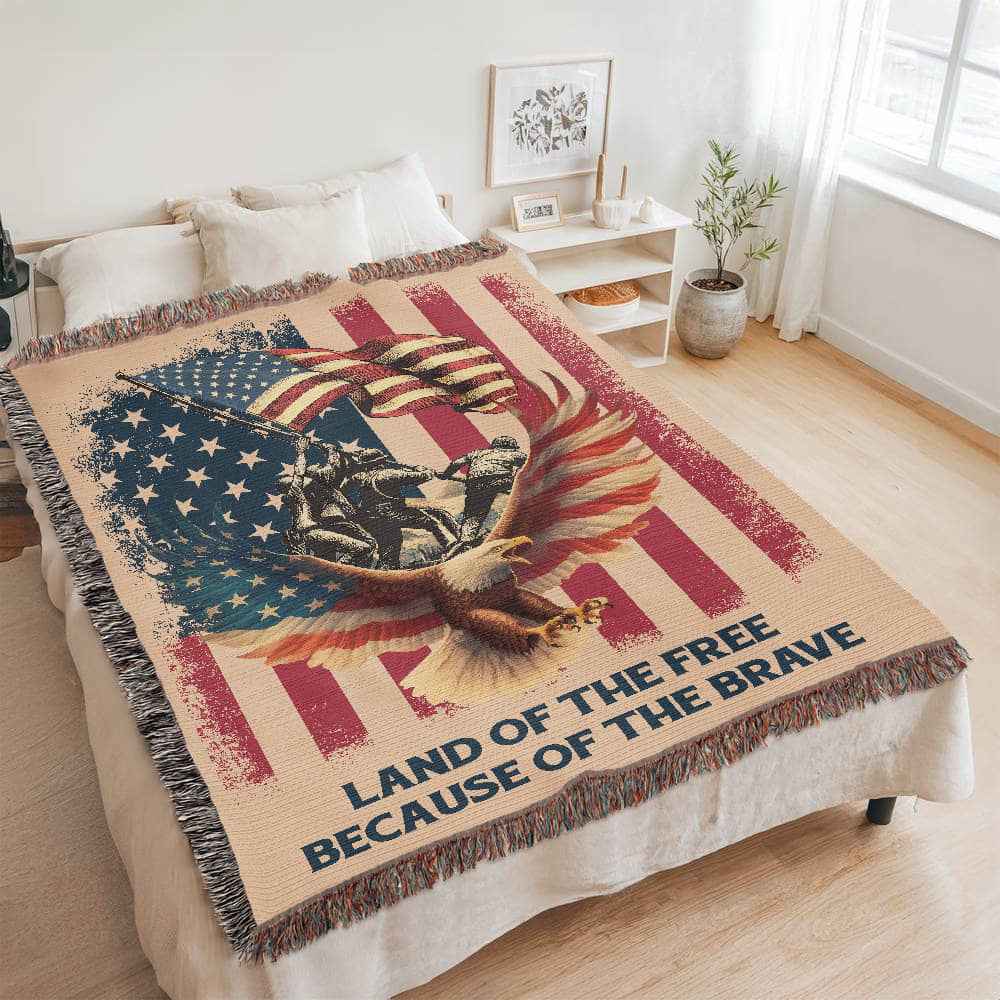 Military Memorial Woven Blanket – American Flag, Bald Eagle & Soldiers – Patriotic 4th of July Gift USA