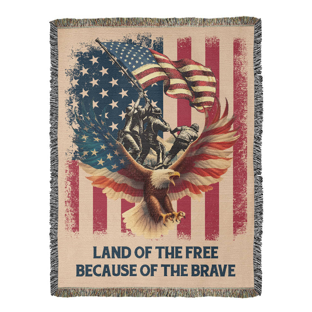 Military Memorial Woven Blanket – American Flag, Bald Eagle & Soldiers – Patriotic 4th of July Gift USA