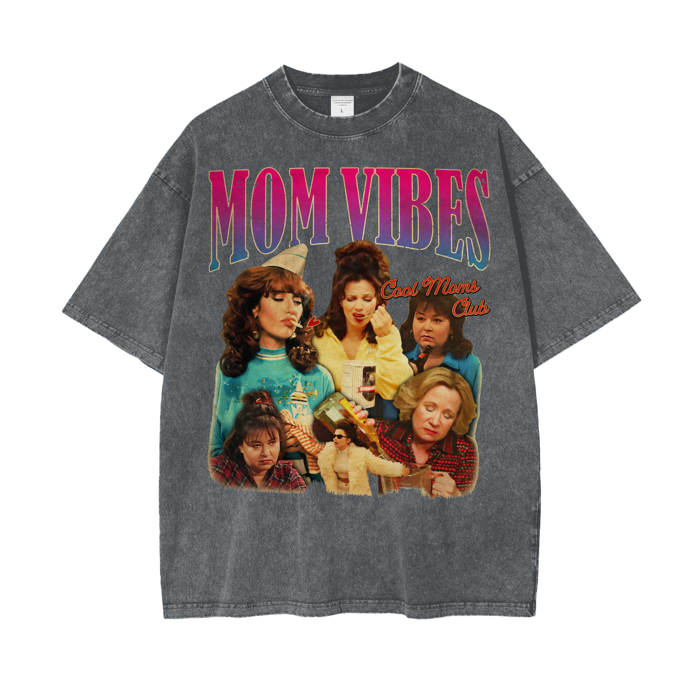 MOM VIBES Vintage T-Shirt – Cool Mom Graphic Tee, Oversized 90s Retro Shirt Washed Unisex T-Shirt