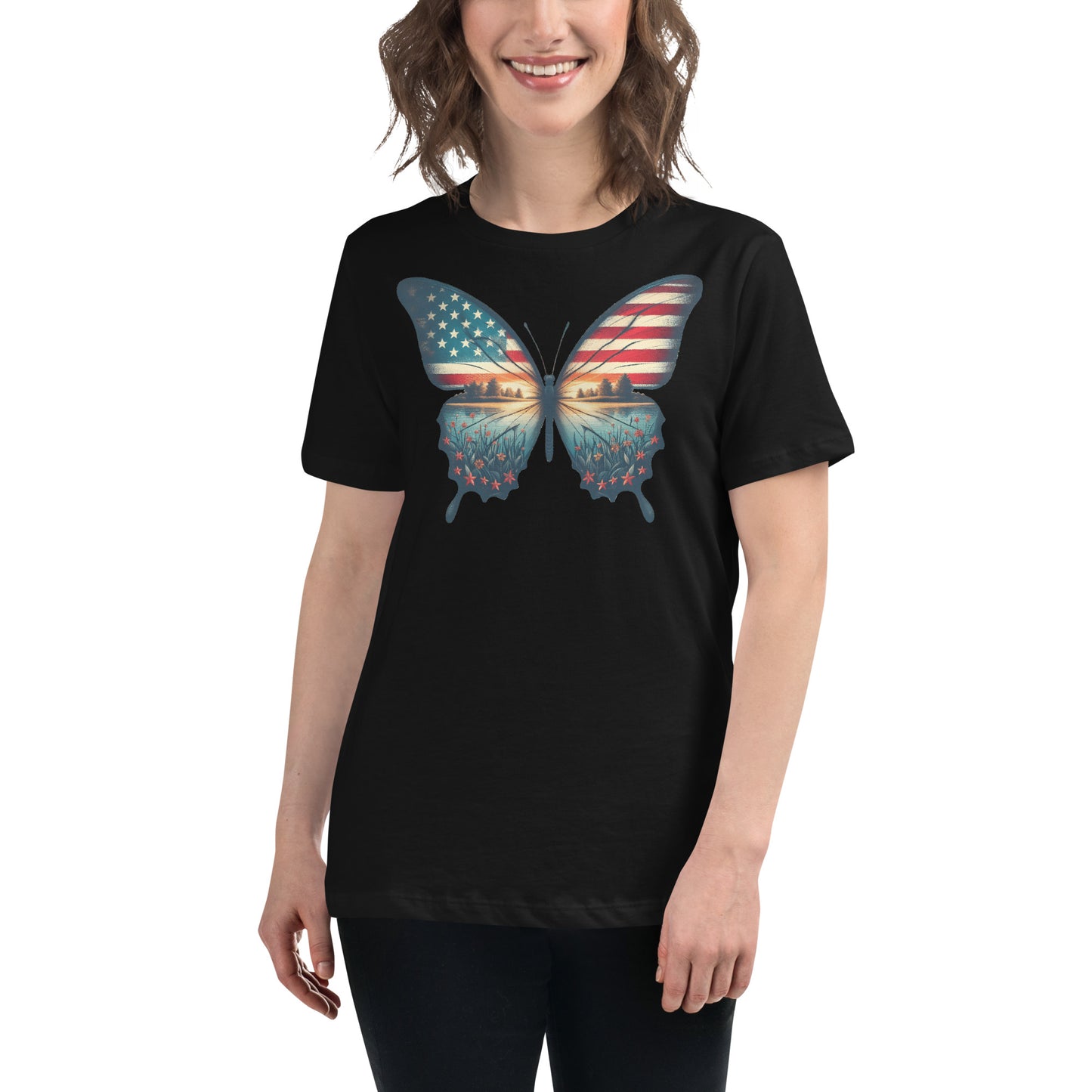Vintage Butterfly American Flag Women's T-Shirt