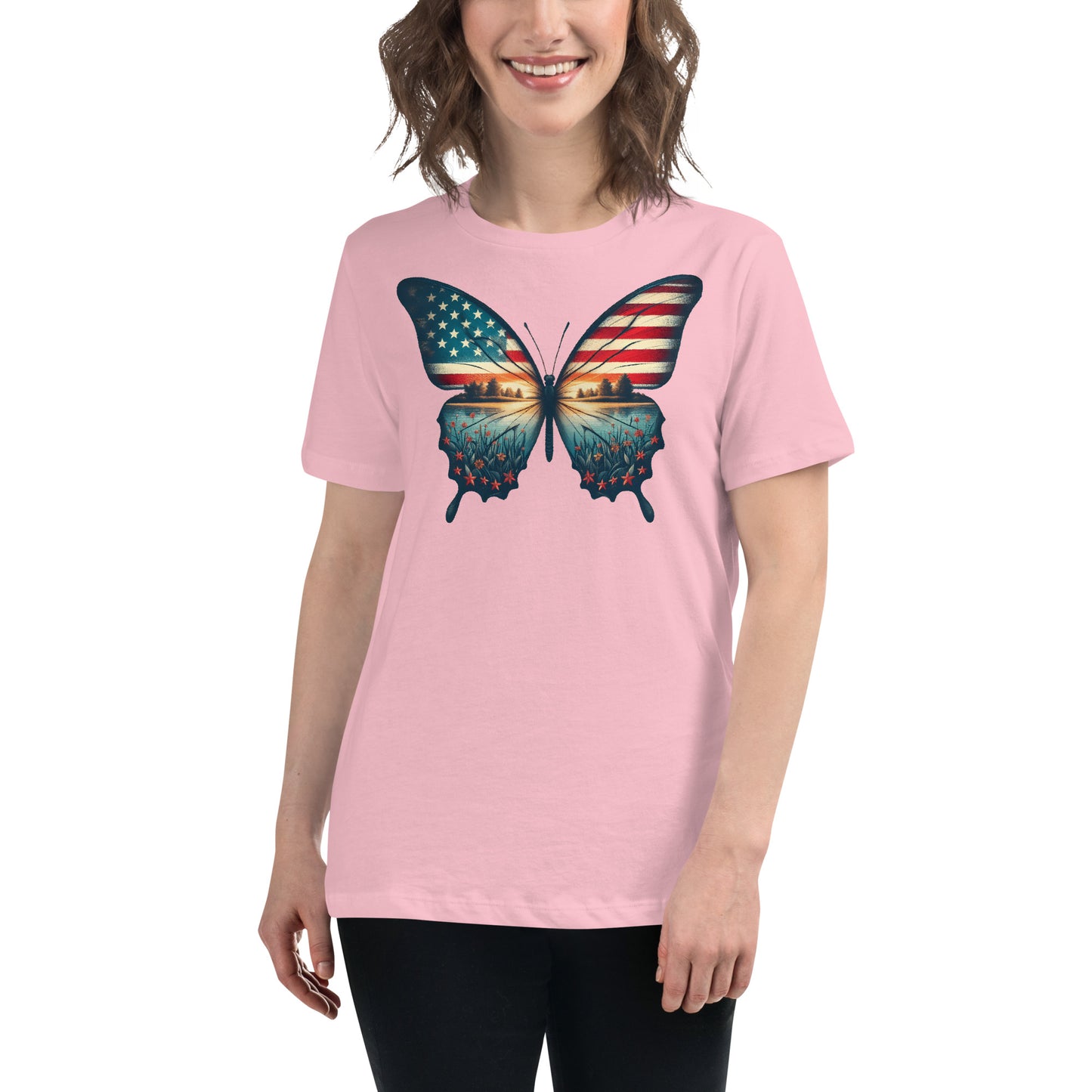 Vintage Butterfly American Flag Women's T-Shirt