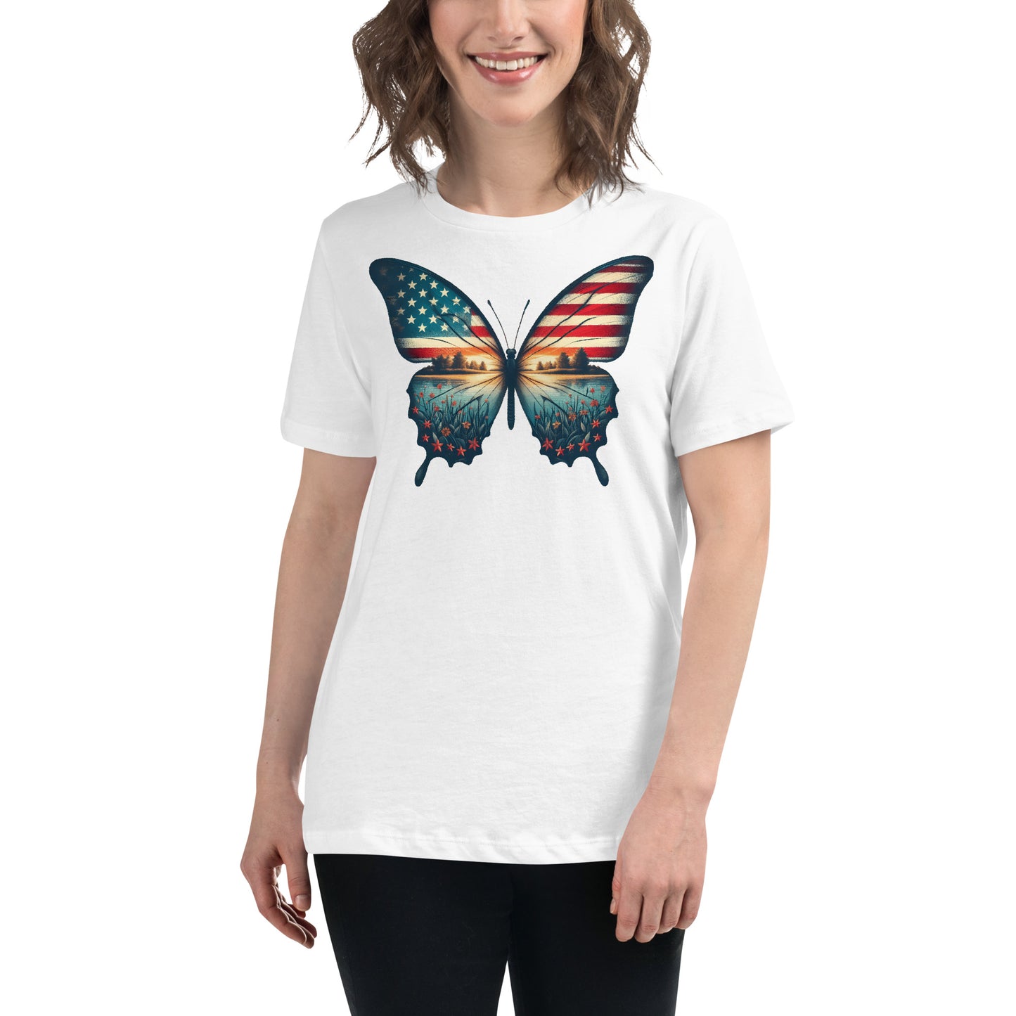 Vintage Butterfly American Flag Women's T-Shirt
