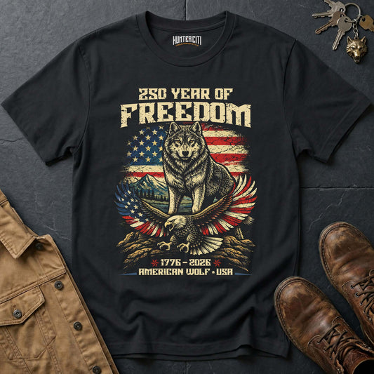250 Years of Freedom American Wolf T-Shirt - 1776 2026 Patriotic Wolf Eagle Graphic Tee USA Anniversary Gift for Men