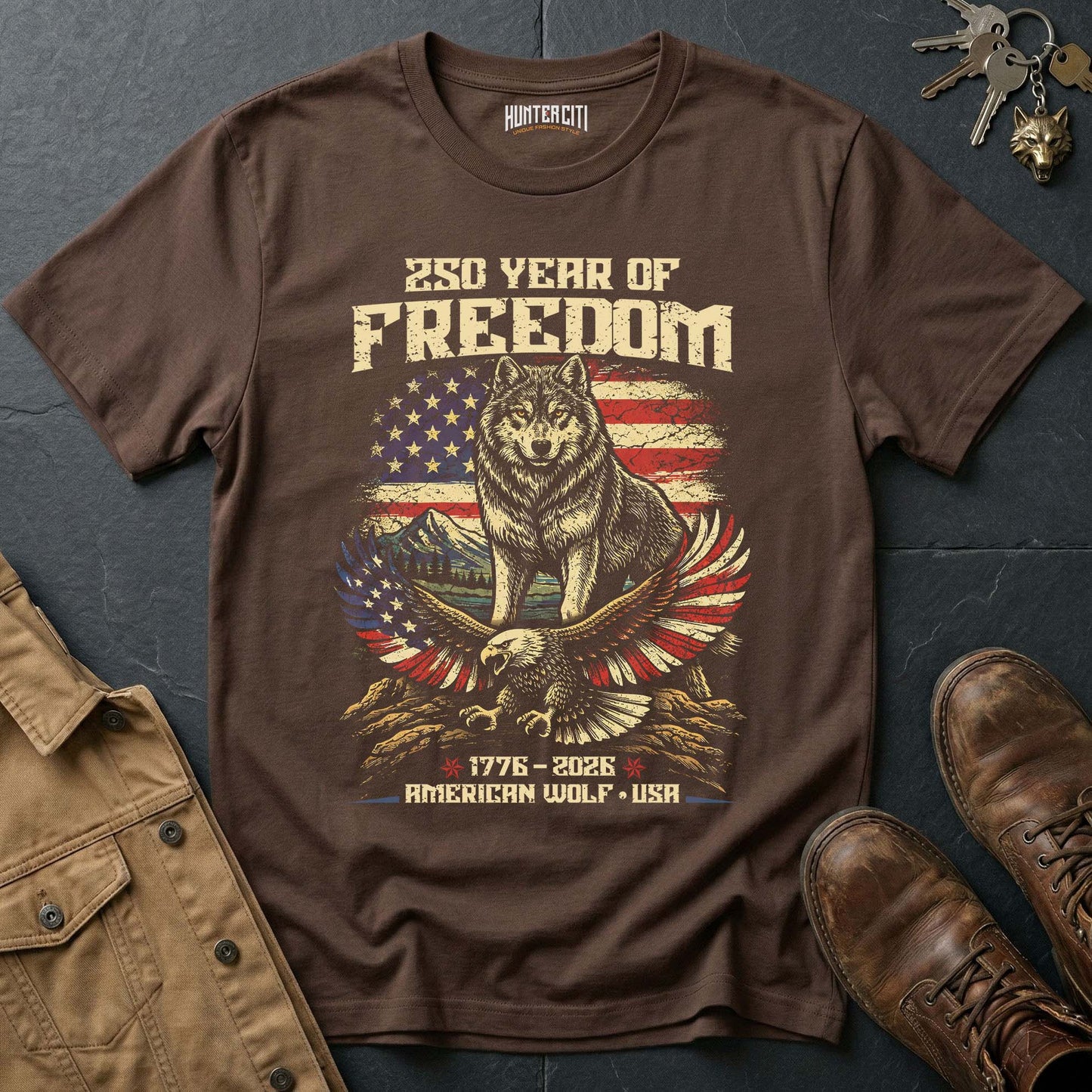 250 Years of Freedom American Wolf T-Shirt - 1776 2026 Patriotic Wolf Eagle Graphic Tee USA Anniversary Gift for Men