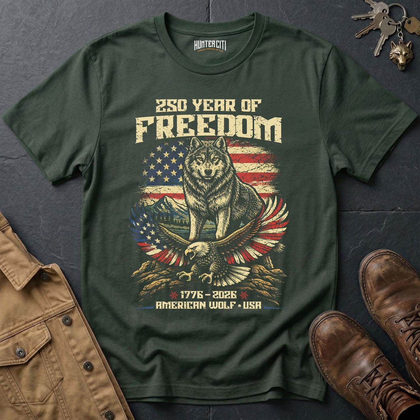 250 Years of Freedom American Wolf T-Shirt - 1776 2026 Patriotic Wolf Eagle Graphic Tee USA Anniversary Gift for Men