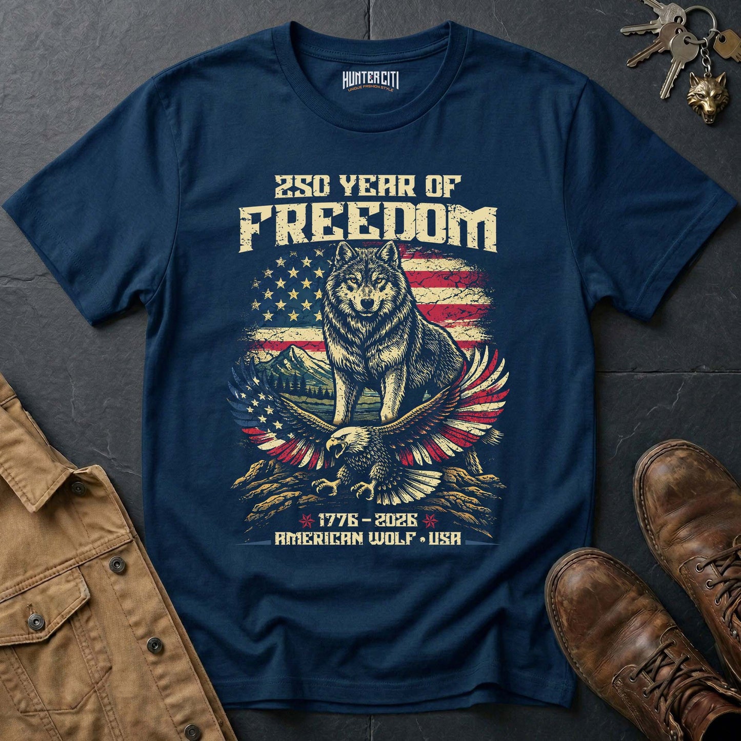 250 Years of Freedom American Wolf T-Shirt - 1776 2026 Patriotic Wolf Eagle Graphic Tee USA Anniversary Gift for Men