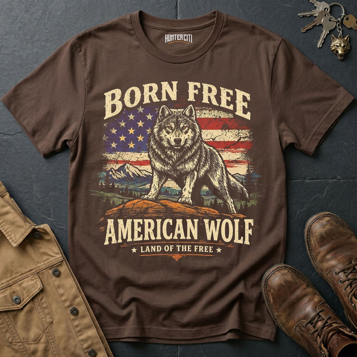 Born Free American Wolf T-Shirt Patriotic Wolf Graphic Tee Land of the Free USA Gift for Men