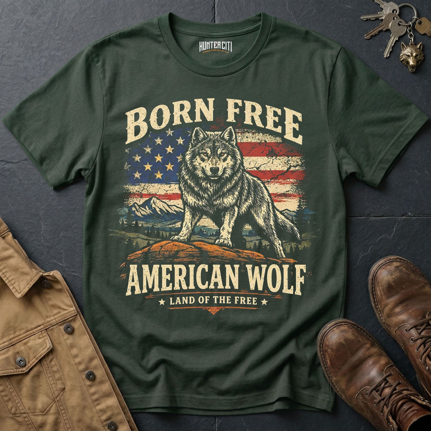 Born Free American Wolf T-Shirt Patriotic Wolf Graphic Tee Land of the Free USA Gift for Men