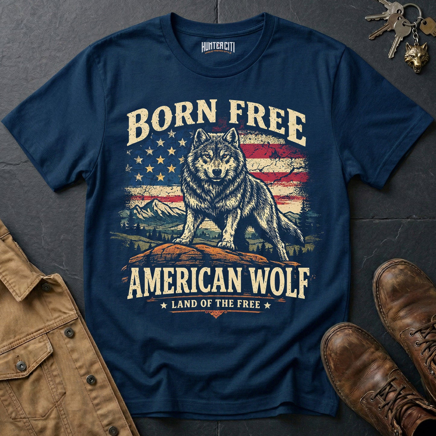 Born Free American Wolf T-Shirt Patriotic Wolf Graphic Tee Land of the Free USA Gift for Men