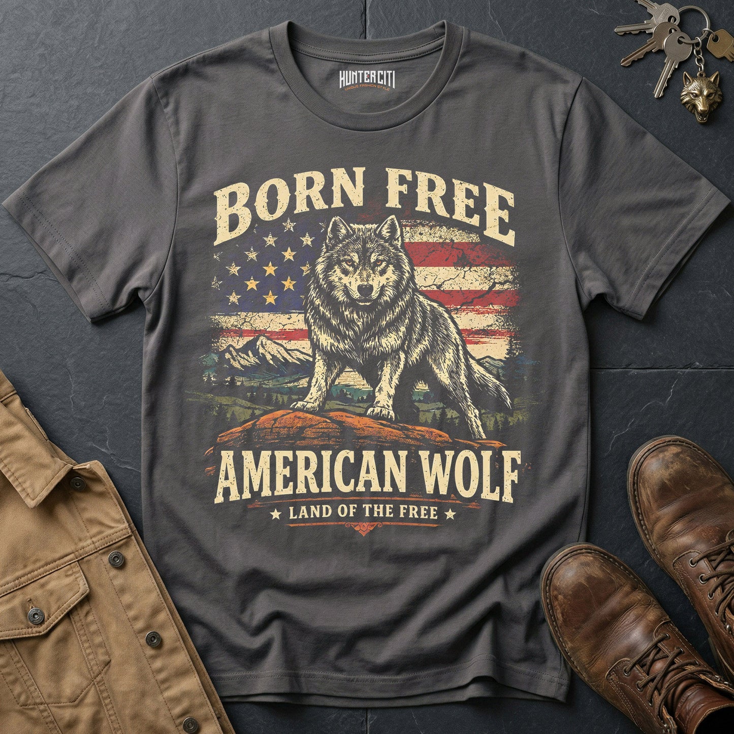 Born Free American Wolf T-Shirt Patriotic Wolf Graphic Tee Land of the Free USA Gift for Men