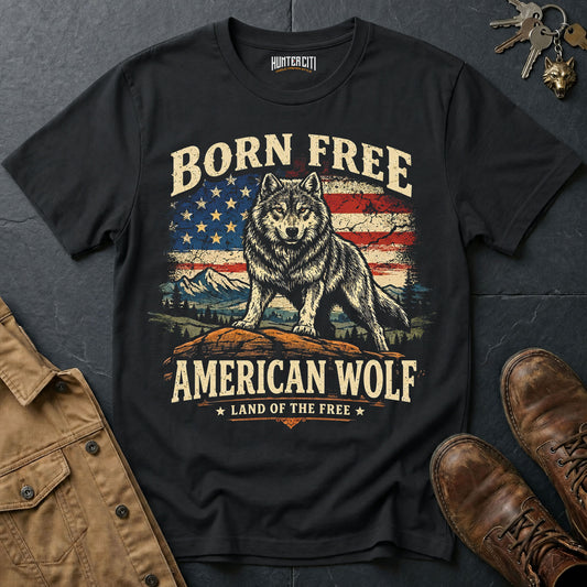 Born Free American Wolf T-Shirt Patriotic Wolf Graphic Tee Land of the Free USA Gift for Men