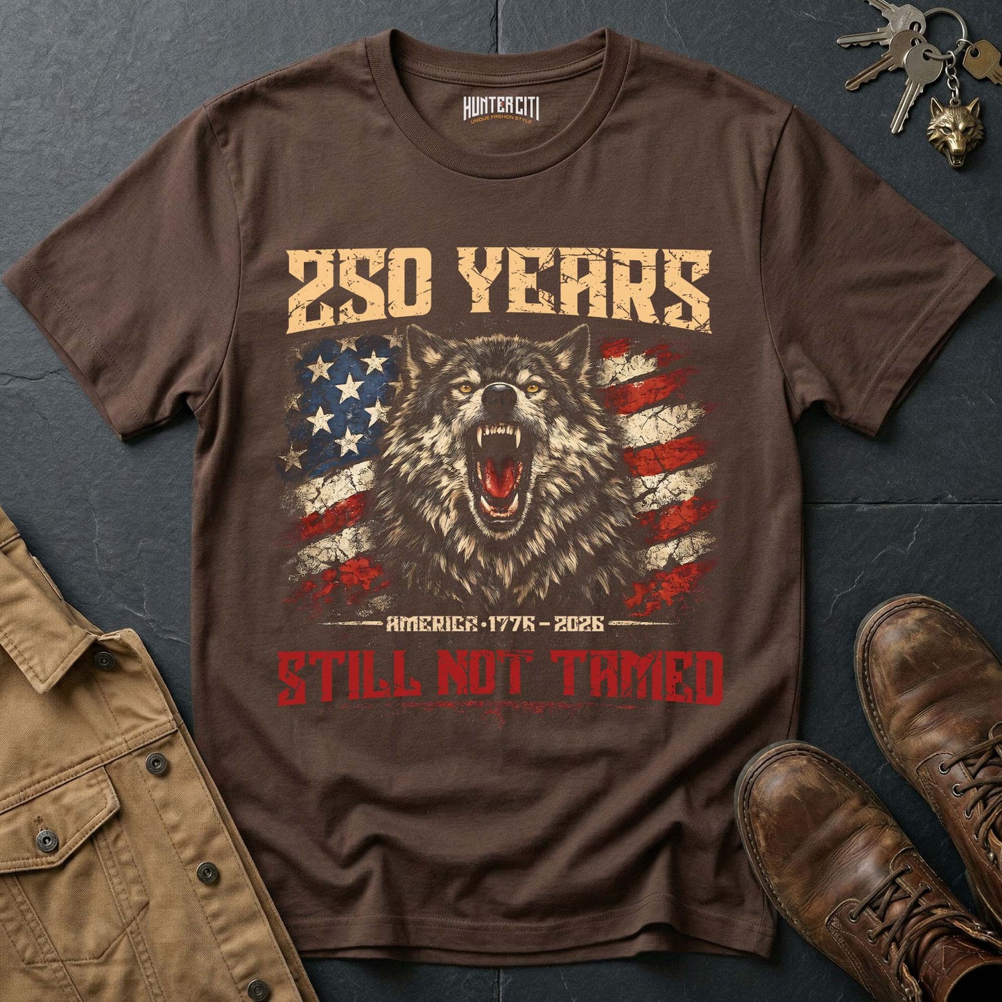 250 Years America Still Not Tamed T-Shirt 1776 2026 Snarling Wolf Patriotic Graphic Tee Anniversary USA Gift for Men
