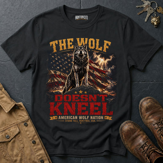 The Wolf Doesn't Kneel T-Shirt American Wolf Nation Patriotic Wolf Graphic Tee Stand Tall USA Gift for Men
