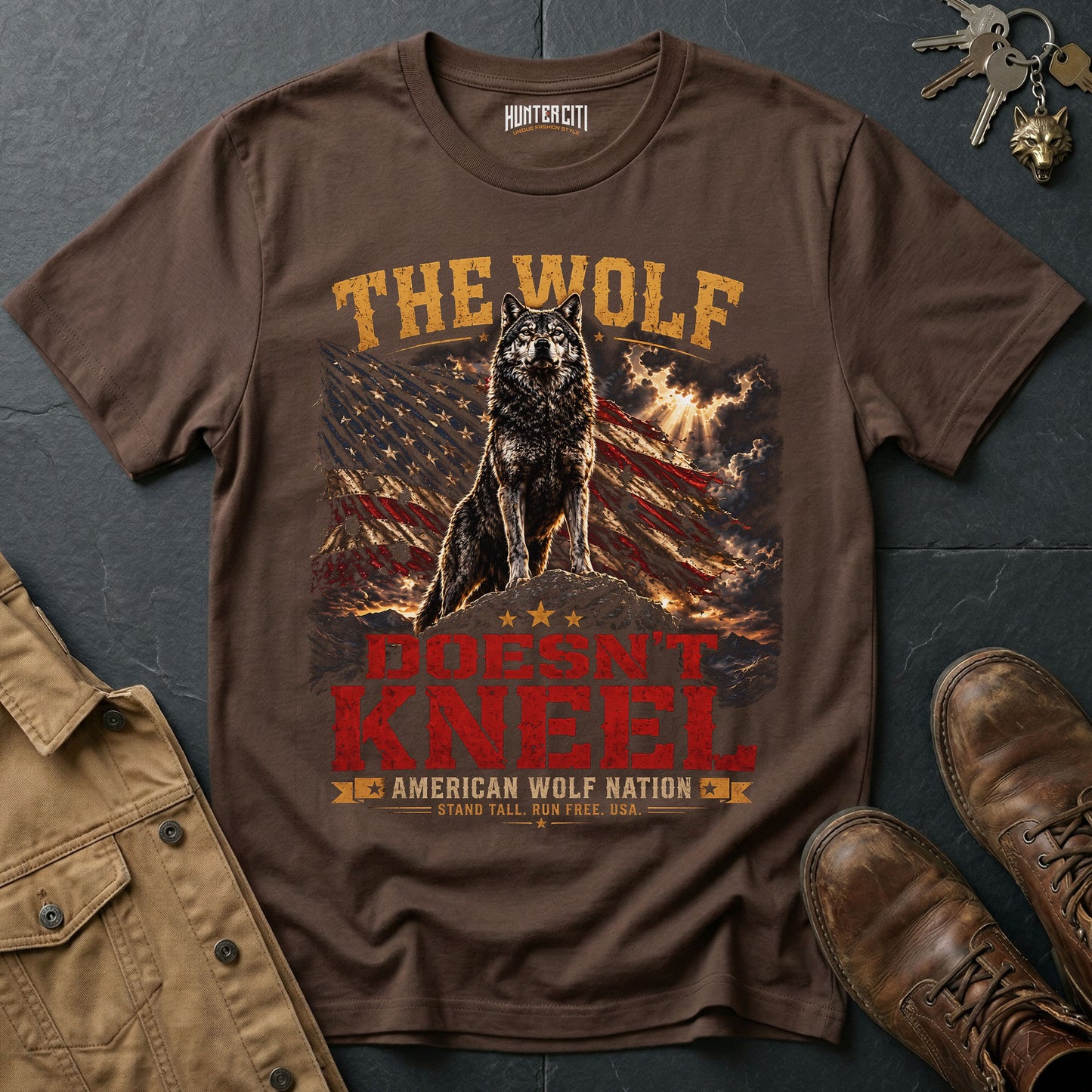 The Wolf Doesn't Kneel T-Shirt American Wolf Nation Patriotic Wolf Graphic Tee Stand Tall USA Gift for Men