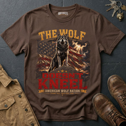 The Wolf Doesn't Kneel T-Shirt American Wolf Nation Patriotic Wolf Graphic Tee Stand Tall USA Gift for Men