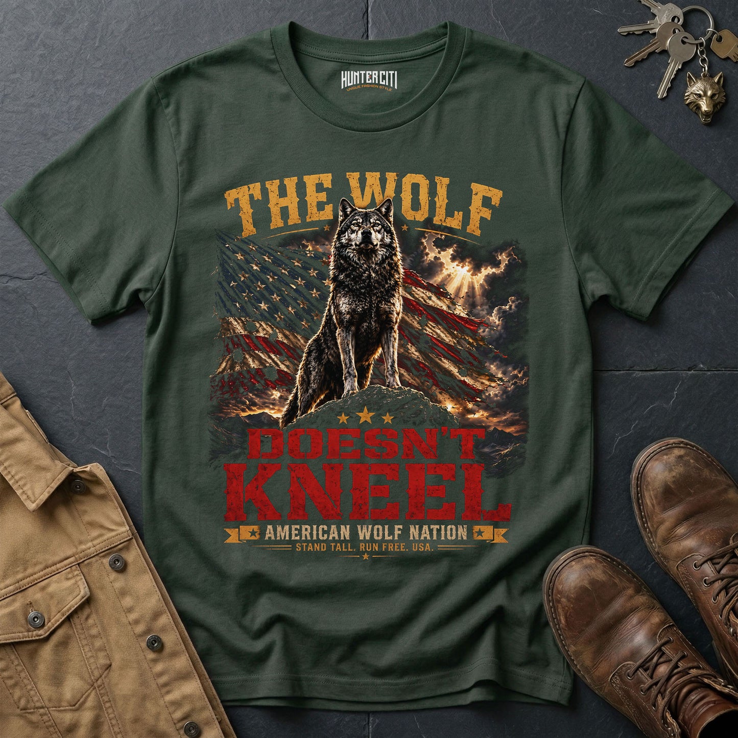 The Wolf Doesn't Kneel T-Shirt American Wolf Nation Patriotic Wolf Graphic Tee Stand Tall USA Gift for Men