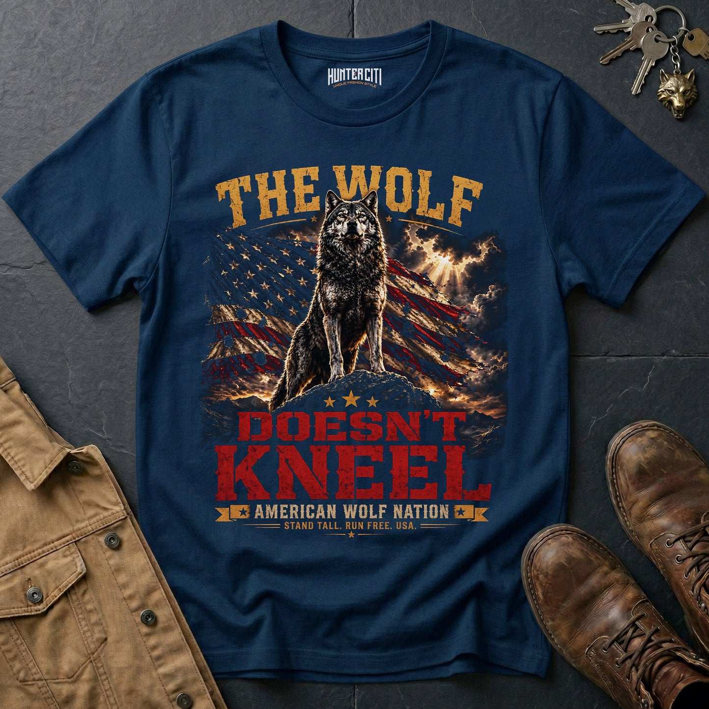 The Wolf Doesn't Kneel T-Shirt American Wolf Nation Patriotic Wolf Graphic Tee Stand Tall USA Gift for Men