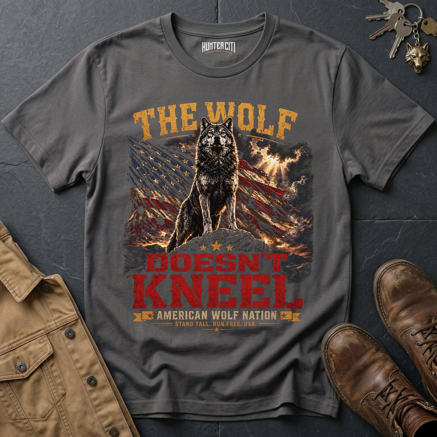 The Wolf Doesn't Kneel T-Shirt American Wolf Nation Patriotic Wolf Graphic Tee Stand Tall USA Gift for Men