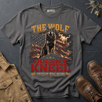 The Wolf Doesn't Kneel T-Shirt American Wolf Nation Patriotic Wolf Graphic Tee Stand Tall USA Gift for Men