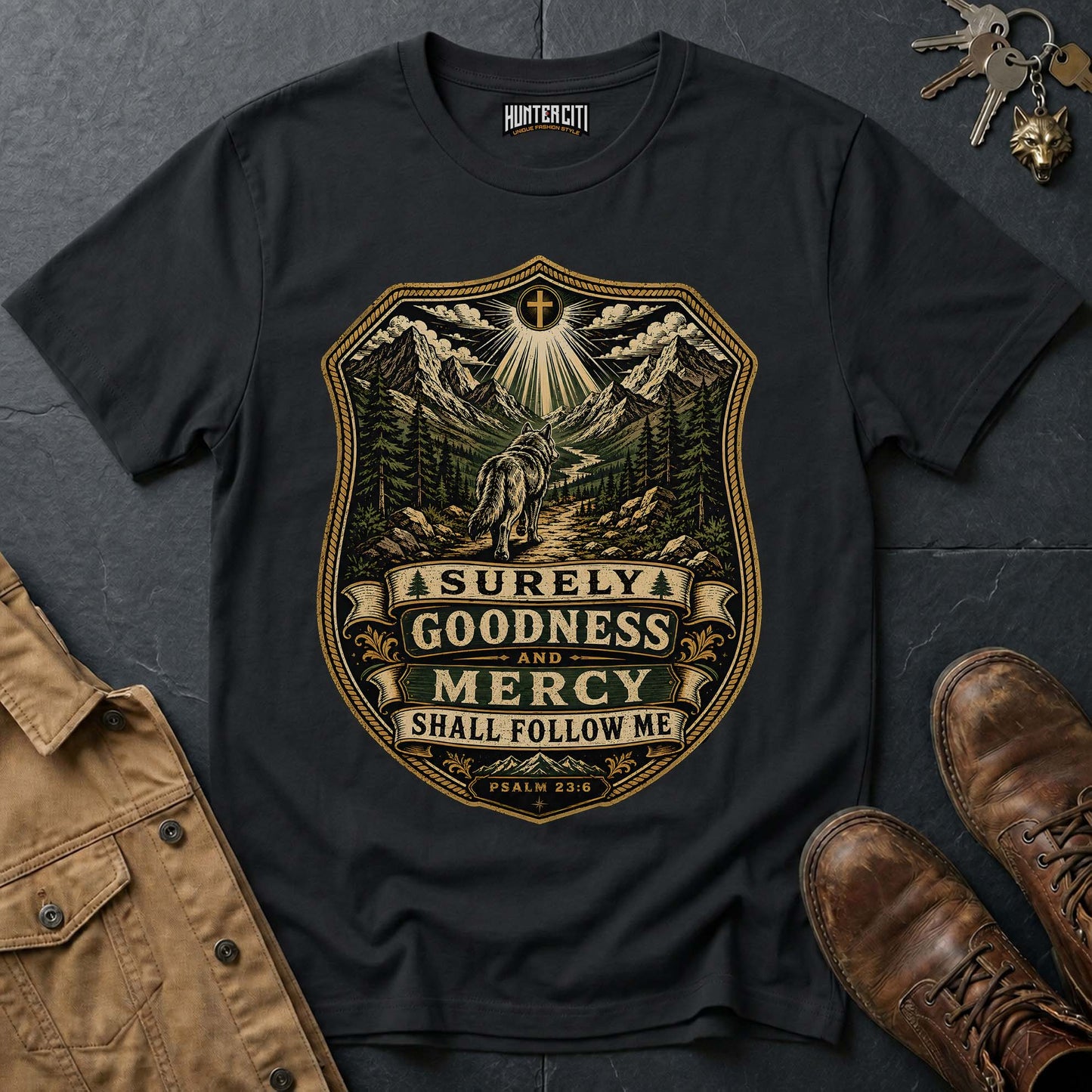 Surely Goodness and Mercy Shall Follow Me Wolf T-Shirt - Psalm 23:6 Mountain Tee