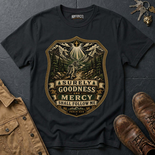 Surely Goodness and Mercy Shall Follow Me Wolf T-Shirt - Psalm 23:6 Mountain Tee