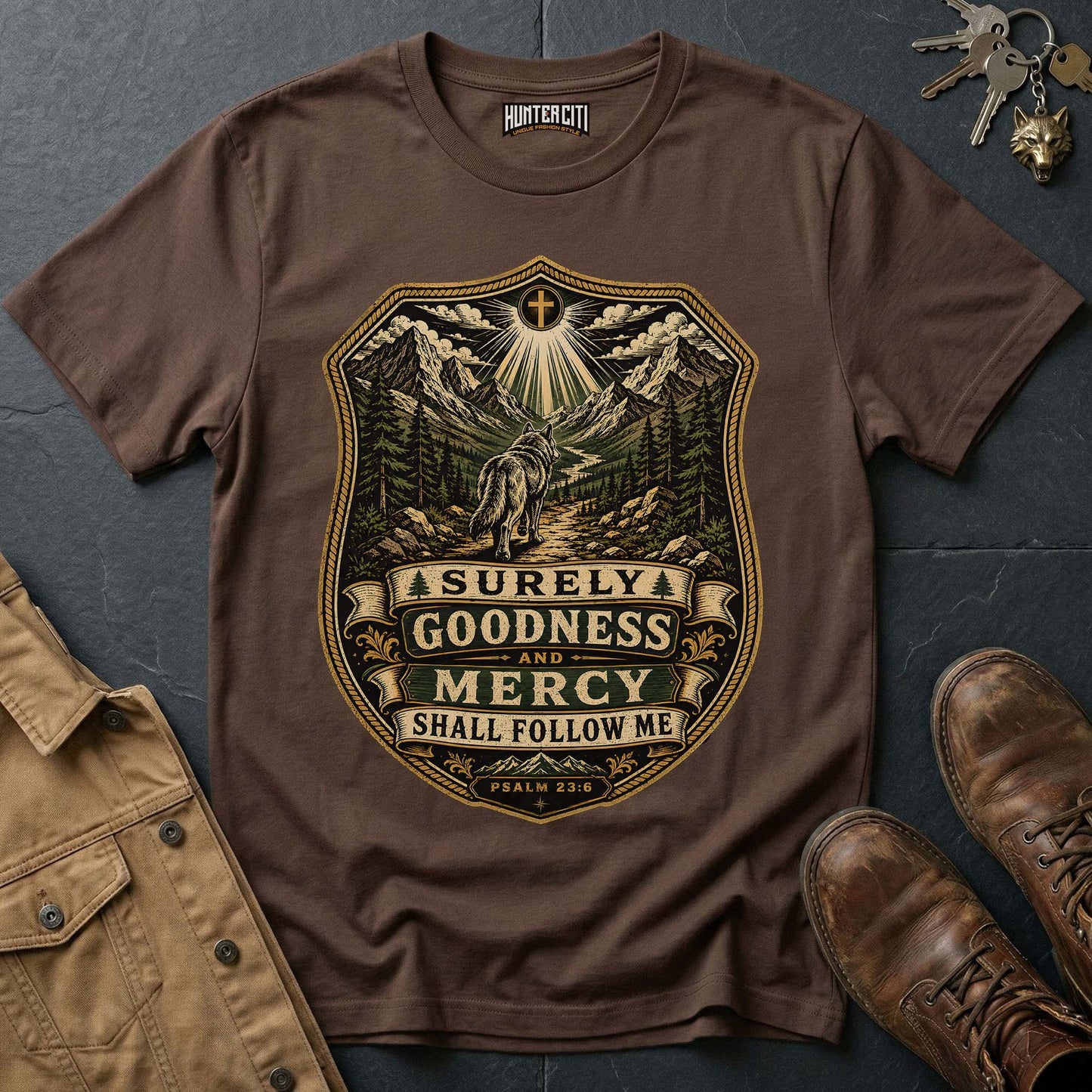 Surely Goodness and Mercy Shall Follow Me Wolf T-Shirt - Psalm 23:6 Mountain Tee