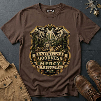 Surely Goodness and Mercy Shall Follow Me Wolf T-Shirt - Psalm 23:6 Mountain Tee