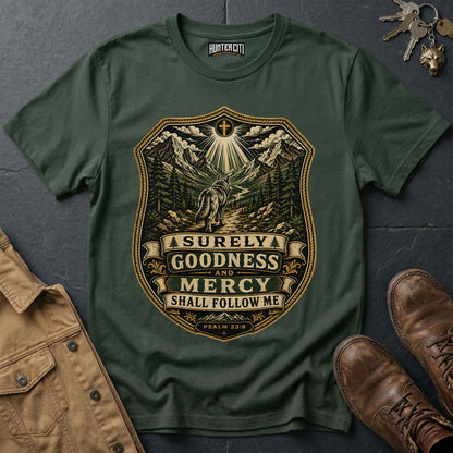 Surely Goodness and Mercy Shall Follow Me Wolf T-Shirt - Psalm 23:6 Mountain Tee