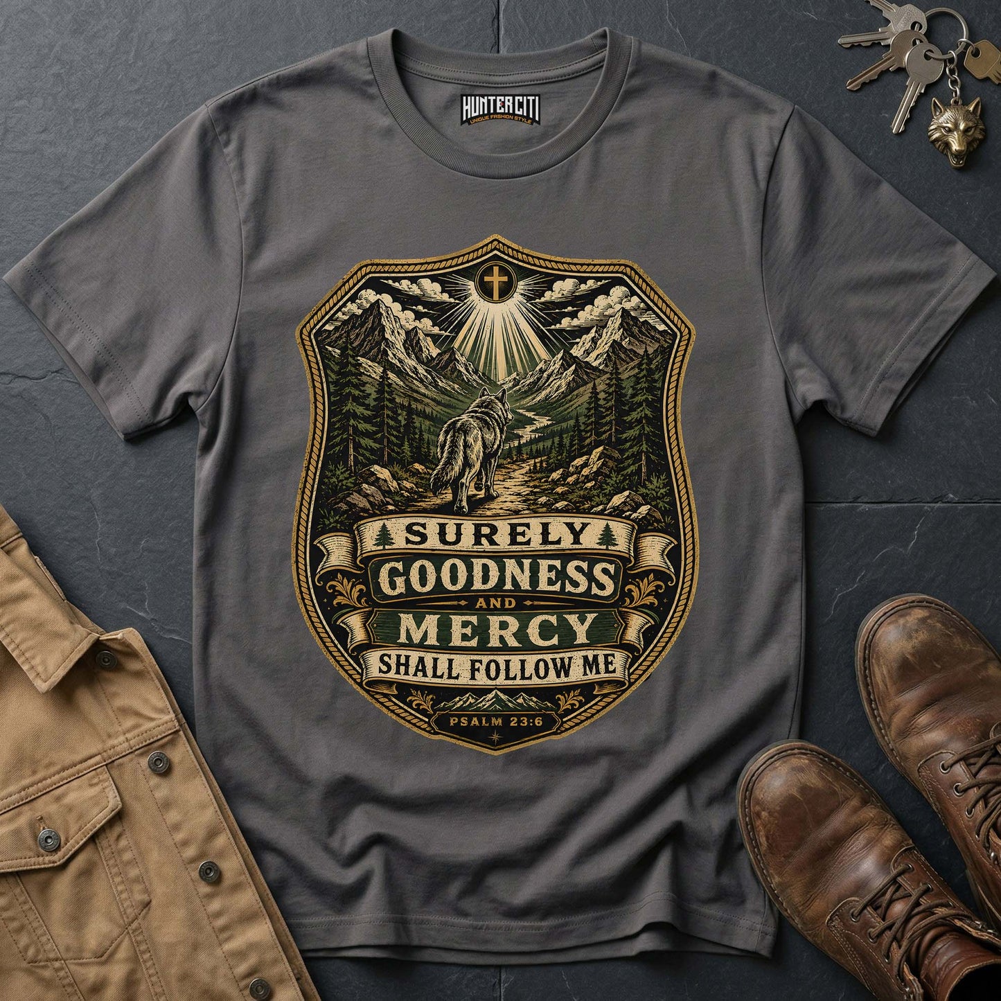 Surely Goodness and Mercy Shall Follow Me Wolf T-Shirt - Psalm 23:6 Mountain Tee