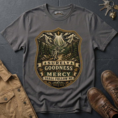 Surely Goodness and Mercy Shall Follow Me Wolf T-Shirt - Psalm 23:6 Mountain Tee