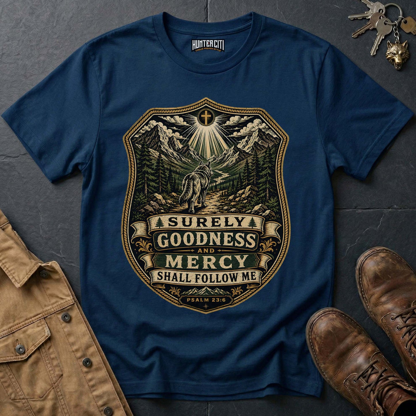 Surely Goodness and Mercy Shall Follow Me Wolf T-Shirt - Psalm 23:6 Mountain Tee
