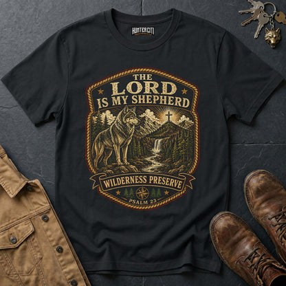The Lord Is My Shepherd Wilderness Preserve Wolf T-Shirt - Psalm 23 Christian Tee