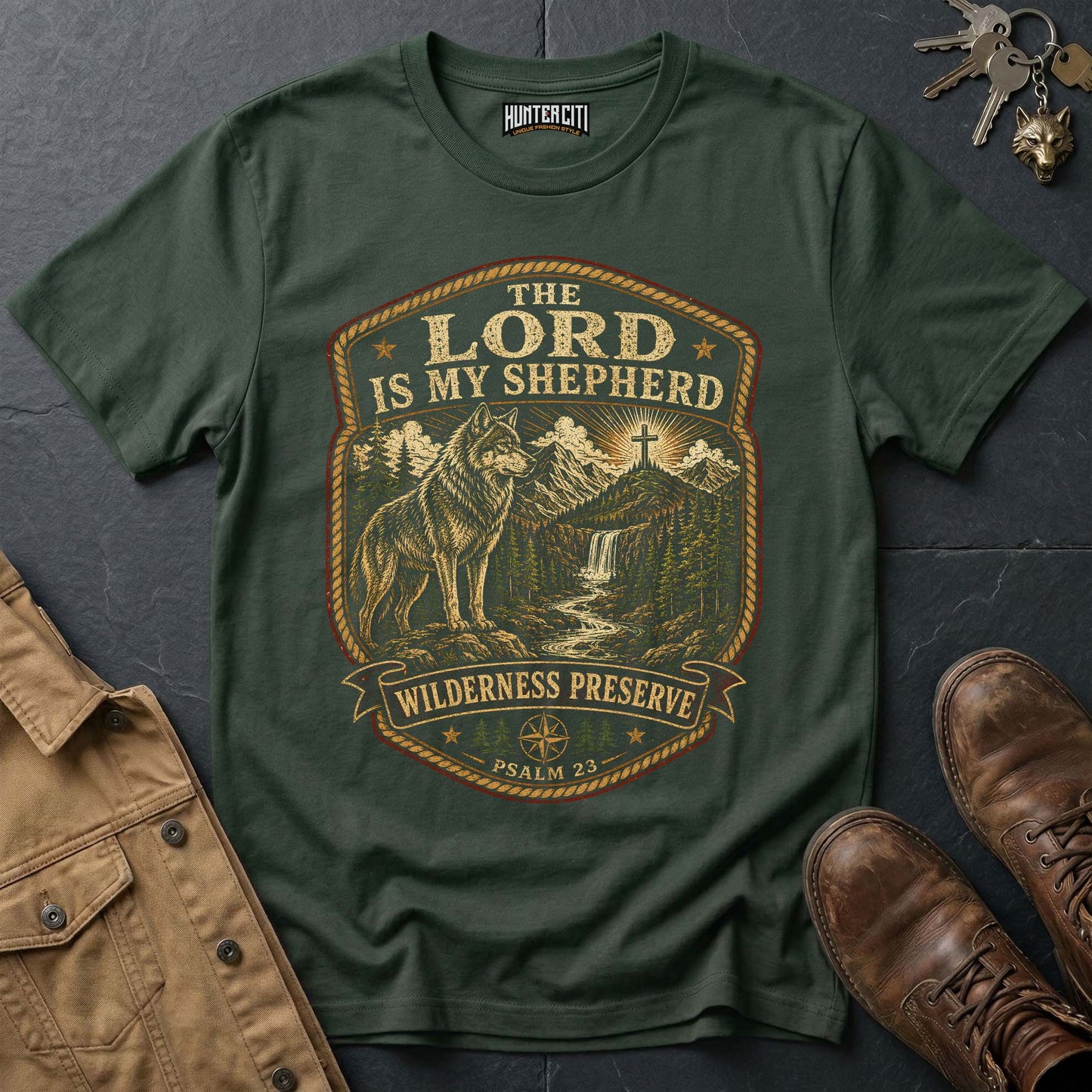 The Lord Is My Shepherd Wilderness Preserve Wolf T-Shirt - Psalm 23 Christian Tee