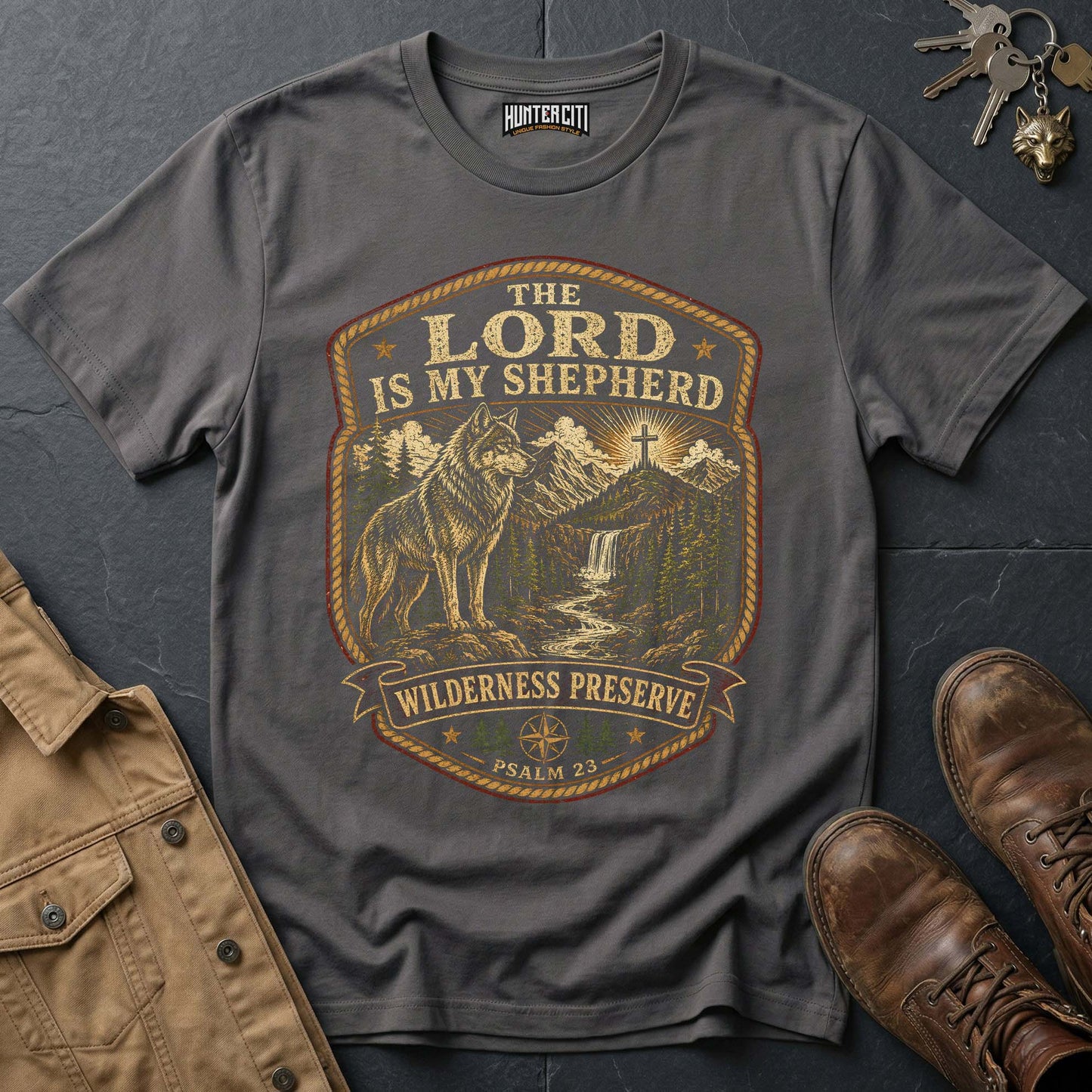 The Lord Is My Shepherd Wilderness Preserve Wolf T-Shirt - Psalm 23 Christian Tee