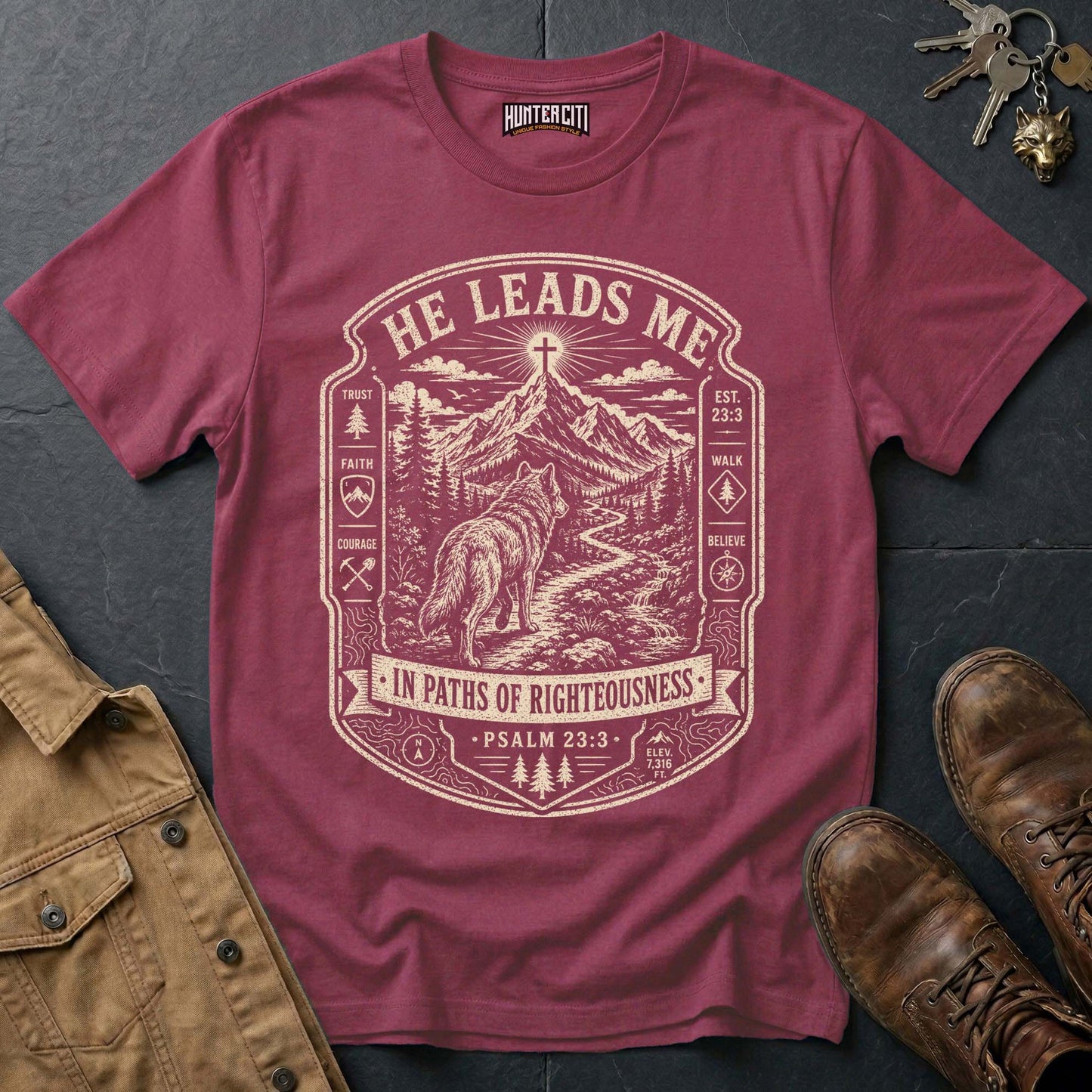 He Leads Me in Paths of Righteousness Trail Wolf T-Shirt - Psalm 23:3 Tee