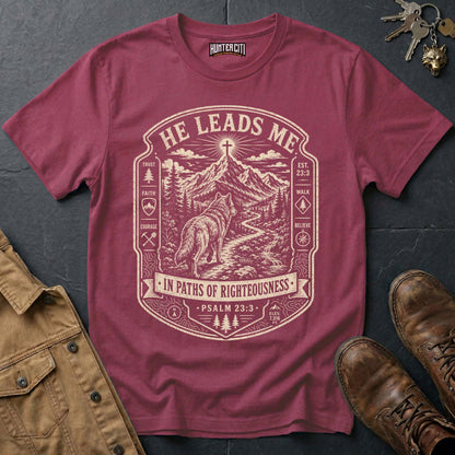 He Leads Me in Paths of Righteousness Trail Wolf T-Shirt - Psalm 23:3 Tee