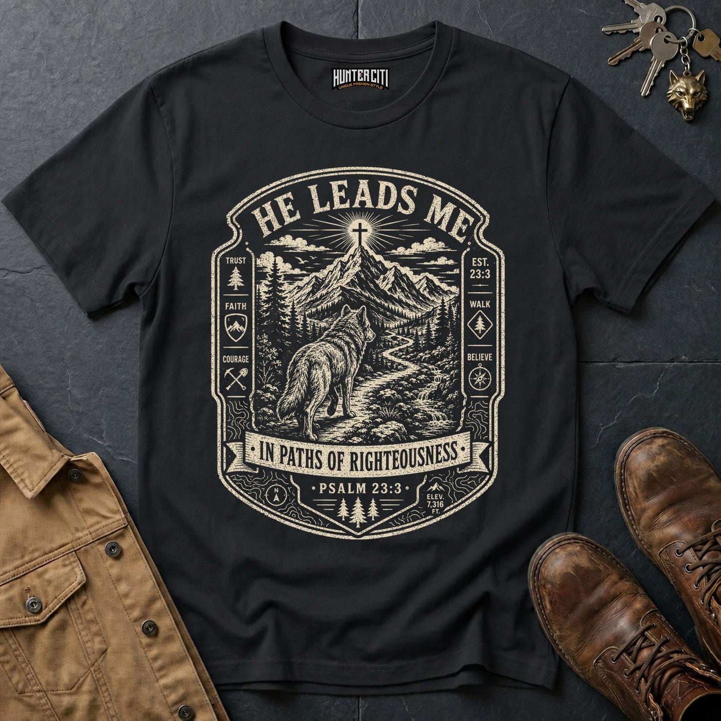 He Leads Me in Paths of Righteousness Trail Wolf T-Shirt - Psalm 23:3 Tee