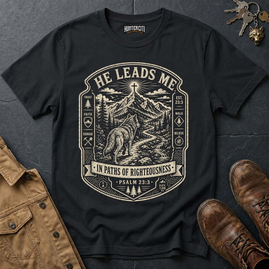 He Leads Me in Paths of Righteousness Trail Wolf T-Shirt - Psalm 23:3 Tee