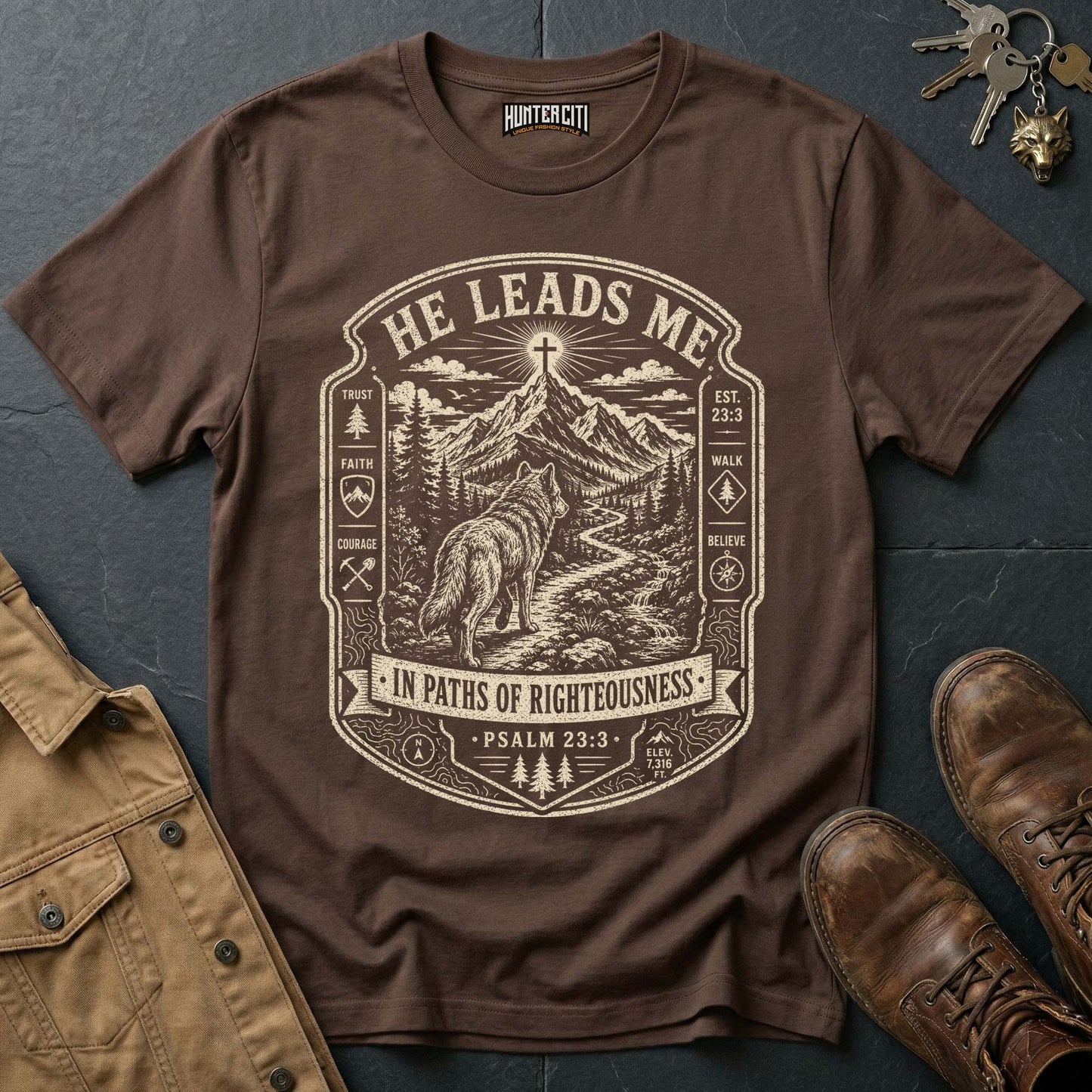 He Leads Me in Paths of Righteousness Trail Wolf T-Shirt - Psalm 23:3 Tee